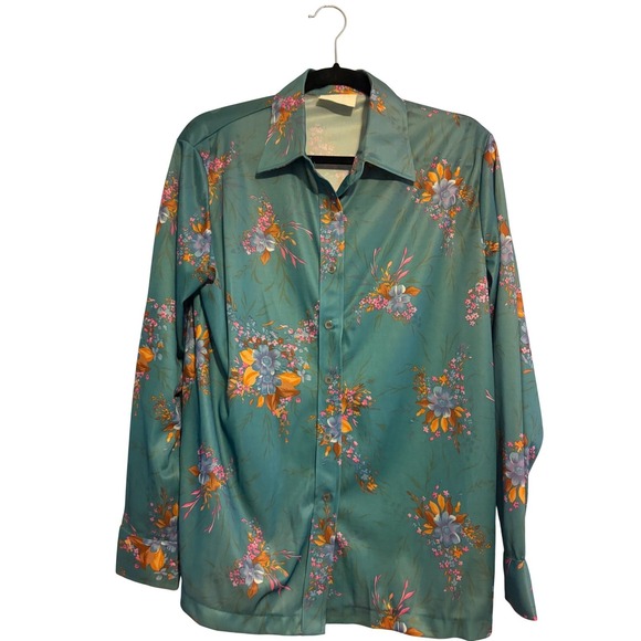 Vintage Floral Button Up Shirt Long Sleeve Teal Pink White Flower Pattern - Picture 1 of 5